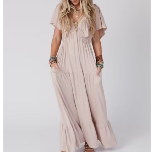 Three Bird Nest Dresses & Skirts - NWT Three Bird Nest Tan Open Back Ruffle Maxi Dress